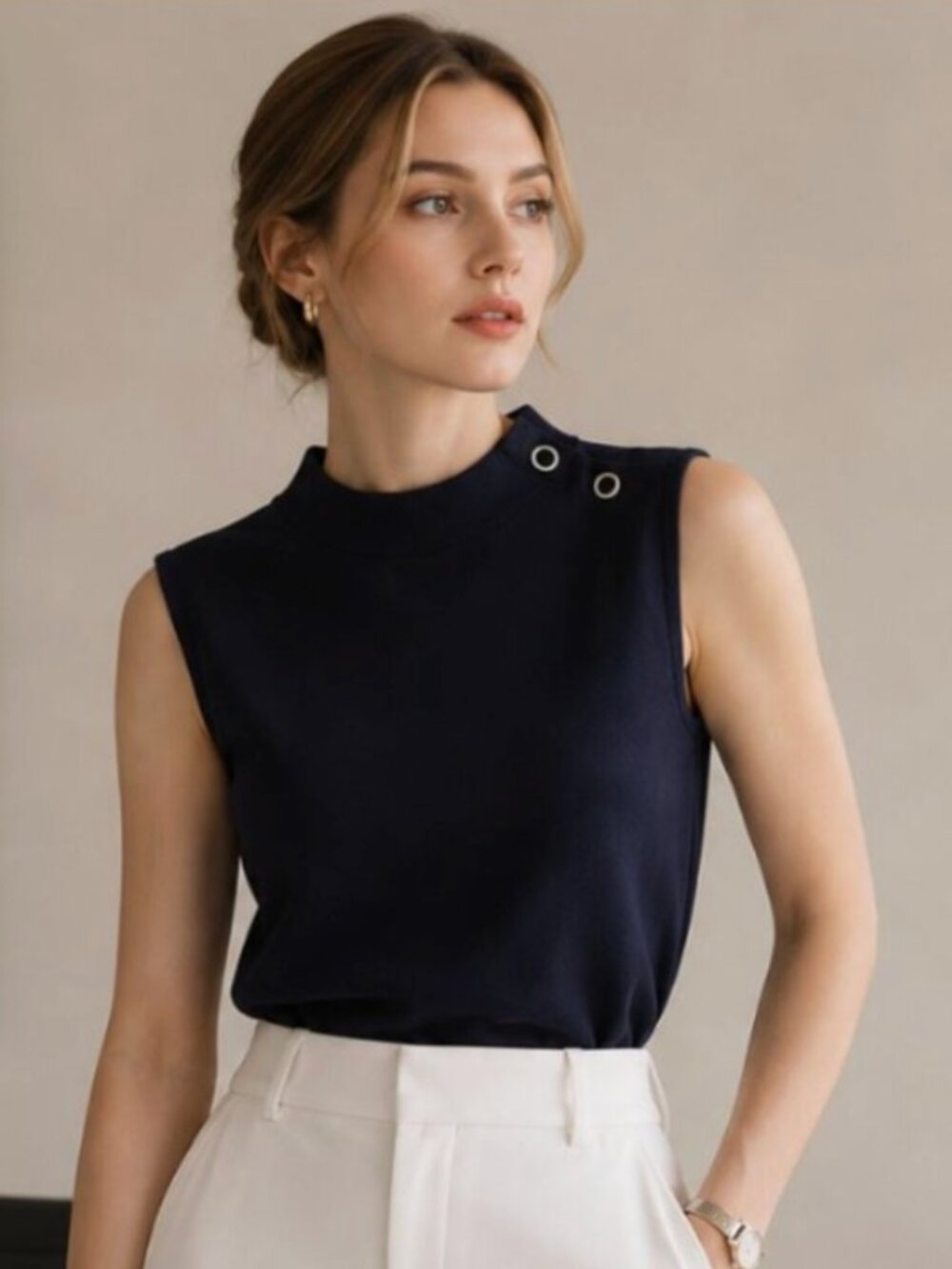 Talbots Navy Mock Neck Sleeveless Top Gold Button Shoulder Size M
